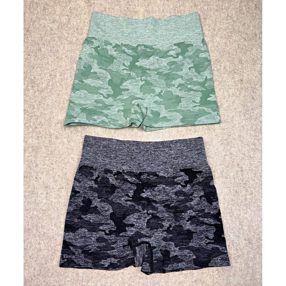 Women’s S Seamless Camo Biker Shorts 2-Pack Green Black Ribbed Stretch Waist